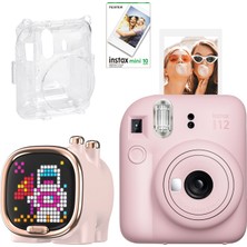 Instax Mini 12 Pembe Fotoğraf Makinesi-10'lu Film-Şeffaf Kılıf ve Divoom Zooe LED Ekranlı Bluetooth Hoparlör Seti