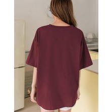 Over Head Kadın Bordo Holiday Baskılı Oversize T-Shirt