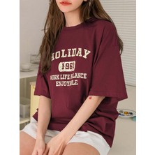 Over Head Kadın Bordo Holiday Baskılı Oversize T-Shirt