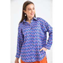 Parkkaron Saks Desenli Oversize Uzun Kol Basic Saten Gömlek