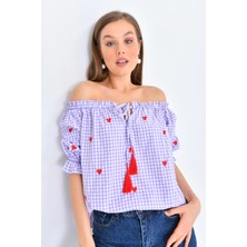 Parkkaron Lila Pötikare Yakası Fırfırlı Oversize Dokuma Bluz