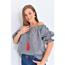 Parkkaron Siyah Pötikare Yakası Fırfırlı Oversize Dokuma Bluz