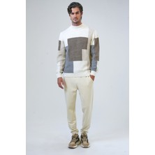 Back And Bond Ekru Regular Fit Blok Desenli Bisiklet Yaka Triko Kazak