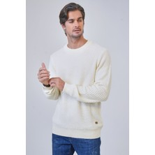 Back And Bond Beyaz Regular Fit Yünlü Örgü Desenli Bisiklet Yaka Triko Kazak