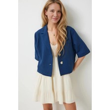 Hazelin Kadın Lacivert Kısa Kollu Şal Yaka Düğmeli Mevsimlik Keten Ayrobin Ceket HZL24S-BD107061