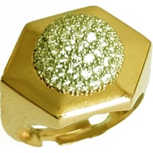 Mistik Silver Ortası Yuvarlak Çokgen Model Gümüş Yüzük - Gold Renk