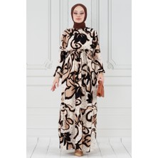 Sevitli Lale Desenli Beli Kuşaklı Viskon Elbise-Vizon