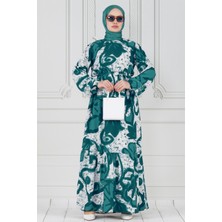 Sevitli Lale Desenli Beli Kuşaklı Viskon Elbise-Yeşil