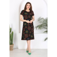 Mooi XXL Kadın Siyah Neon Çiçek Desen Midi Elbise