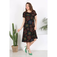 Mooi XXL Kadın Siyah Neon Çiçek Desen Midi Elbise