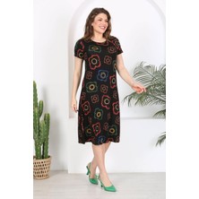 Mooi XXL Kadın Siyah Neon Çiçek Desen Midi Elbise