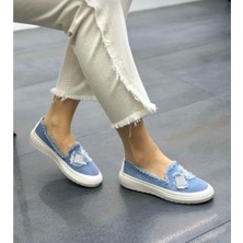Gdt Ayakkabı Mavi Renk Taşlı Düz Taban Kadın Kot Sneakers
