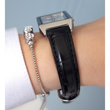 Casio Siyah Deri Kayışlı Dikdörtgen Kasa Kadın Kol Saati - Zirkon Taşlı Bileklik Hediyeli