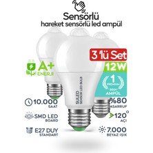 Suled Hareket Sensörlü LED Lamba 3 Adet Ampül Beyaz Işık 12W A++ %80 Tasarruflu Otomatik Yanıp Söner