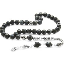 Gümüş Hediye Al 925 Ayar Gümüş Püsküllü Küre Kesim Gri Kaplangözü Doğaltaş Tesbih