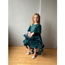 Taha Kids Kuyruklu Kadife Çocuk Abiye Elbise Yeşil