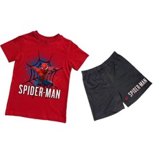 Sedirli Unisex Spiderman Baskılı Pamuklu Kumaş Kısa Kollu Şortlu Ikili Çocuk Takımı