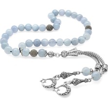 Gümüş Hediye Al Kararmaz Metal Ayyıldız Püsküllü Küre Kesim Aquamarin Doğaltaş Tesbih