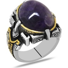 Gümüş Hediye Al Ametist Taşlı Kalem Işçilik Tasarım 925 Ayar Gümüş Erkek Yüzük