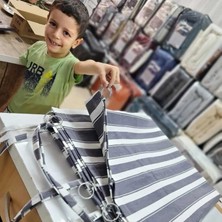 Devrim Olivya Tekstil Halkalı Gri-Beyaz Çizgili Özel Dikim Lüks Branda Balkon Perdesi
