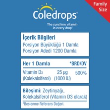 Coledrops One Drop Vitamin D3 1000 IU Damla 60 ml (Aile Boyu)