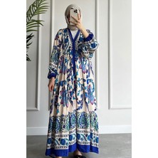 Ladies First Büyük Beden Doğal Kumaştan 9017-D03 Desenli Pamuk Elbise