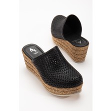 Analin Shoes Kadın Deri Önü Kapalı Dolgu Topuk Terlik 7081 Terlik  Sıyah 39
