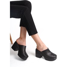 Tamdabu Ayakkabı Deri Siyah 10 cm Platform Ortopedik Sabo Terlik TMD202490
