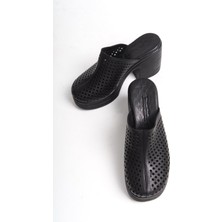 Tamdabu Ayakkabı Deri Siyah 10 cm Platform Ortopedik Sabo Terlik TMD202490