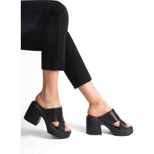 Tamdabu Ayakkabı Deri Siyah 10 cm Platform Ortopedik Çapraz Kadın Terlik TMD202491