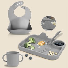 Meleni Baby 4'lü Silikon Beslenme Seti 3 Bölmeli Beslenme Tabağı-Silikon Kaşık - Silikon Önlük- Silikon Bardak