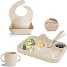 Meleni Baby 4'lü Silikon Beslenme Seti , 3 Bölmeli Beslenme Tabağı-Silikon Kaşık - Silikon Önlük-Silikon Bardak