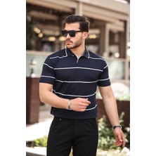 Miron Lacivert Çizgili Triko Polo Yaka Tişört- 2427