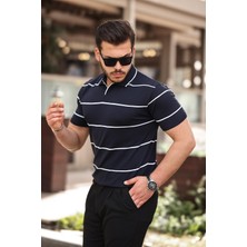 Miron Lacivert Çizgili Triko Polo Yaka Tişört- 2427
