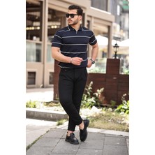 Miron Lacivert Çizgili Triko Polo Yaka Tişört- 2427
