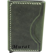 Gümüş Hediye Al Minimal Tasarım Tamamı El Dikişi Yeşil Crazy Deriden Mekanizmalı Kişiye Özel Isim/harf Yazılı Kartlık-Cüzdan