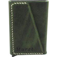 Gümüş Hediye Al Cross Tasarım Tamamı El Dikişi Yeşil Crazy Deriden Mekanizmalı Kişiye Özel Isim/harf Yazılı Kartlık-Cüzdan