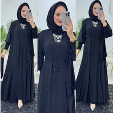 First Birinci Kalite Medine Ipeği Kumaştan Kemerli Abaya ve Içlik Elbise Şahane Ikili Takım