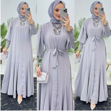 First Birinci Kalite Medine Ipeği Kumaştan Kemerli Abaya ve Içlik Elbise Şahane Ikili Takım