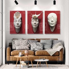 SML Tablo Gözleri Kapalı Kırımızı Duvardan Çıkan Heykel Üçlü Kombin 3 Lü Set Kanvas Tablo