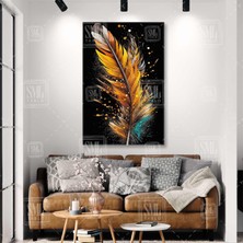 SML Tablo Gold Turkuaz Kuş Tüyü Gece Uçan Tüy Dikey Kanvas Tablo