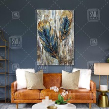 SML Tablo Soyut Kuş Tüyü Sanatsal Kuştüyü Petrol Mavi Altın Gold Tonlar Dikey Kanvas Tablo