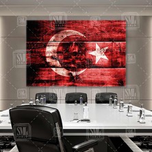 SML Tablo Ahşap Arkaplanlı Türk Bayrağı Türkiye Bayrak Ay Yıldız Kırmızı Beyaz Tekstüre Zemin Yatay Kanvas Tablo