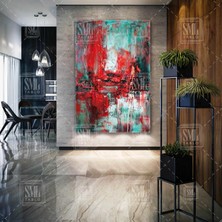 SML Tablo Soyut Modern Abstract Kırmızı Turkuaz Dokular Dekoratif Dikey Kanvas Tablo