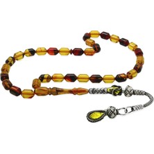 Gümüş Hediye Al 1000 Ayar Gümüş Kazaz Püsküllü Uçlu Kapsül Kesim Şeffaf Bala-Siyah Ateş Kehribar Tesbih