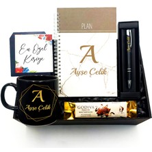 As Gift Kişiye Özel Defter & Siyah Kupa & Siyah Kalem & Godiva Çikolata Hediye Seti