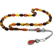 Gümüş Hediye Al 1000 Ayar Gümüş Kazaz Püsküllü Uçlu Kapsül Kesim Bala-Siyah Ateş Kehribar Tesbih