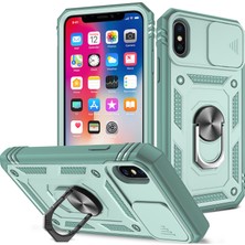 Eabhulie iPhone x / iPhone Xs Için Çift Katmanlı Slayt Lens Kapak Halka Tutucu Standı ile Telefon Kılıfı - Yeşil (Yurt Dışından)