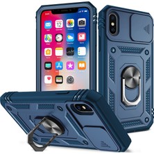 Eabhulie iPhone x / iPhone Xs Için Çift Katmanlı Slayt Lens Kapak Halka Tutucu Standı ile Telefon Kılıfı - Mavi (Yurt Dışından)