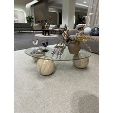 Velura Home & Living Modern Orta Sehpa & Cam Sehpa & Küre Sehpa & Top Sehpa - Traverten Desen